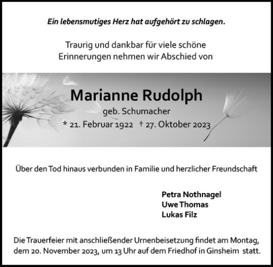 Traueranzeige von Marianne Rudolph von Allgemeine Zeitung Mainz
