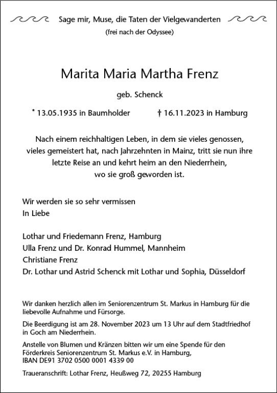 Traueranzeige von Marita Maria Martha Frenz von Allgemeine Zeitung Mainz
