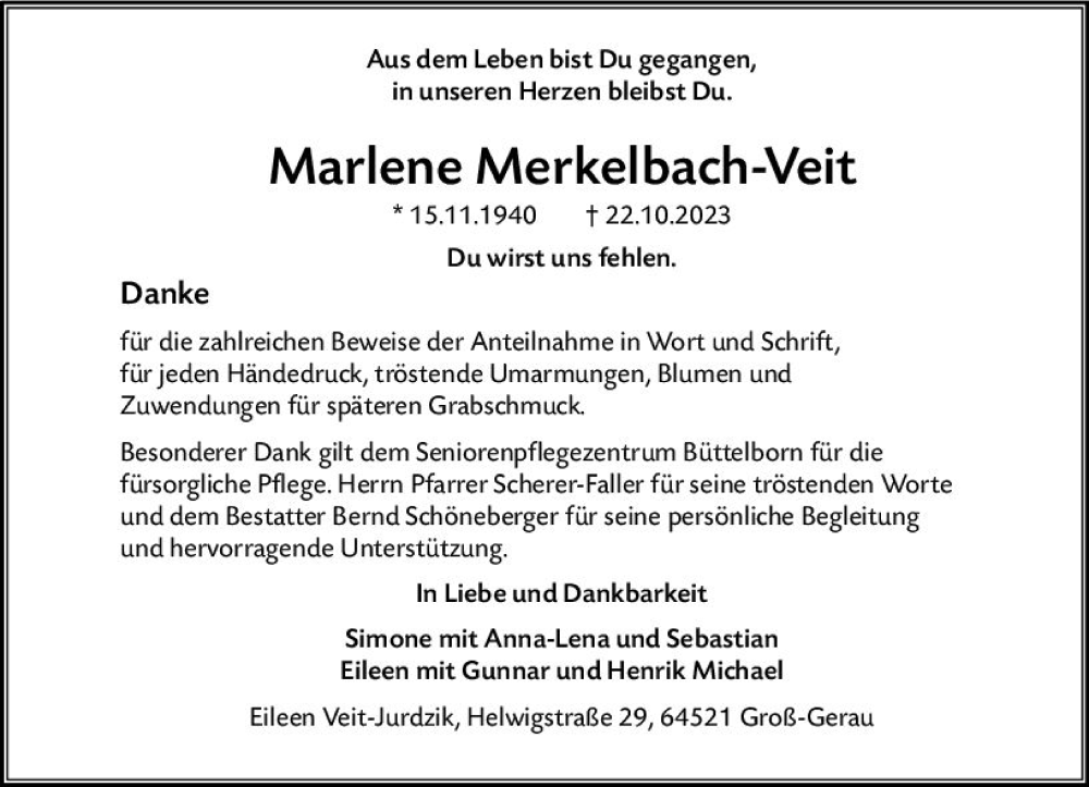  Traueranzeige für Marlene Merkelbach-Veit vom 18.11.2023 aus Groß-Gerauer Echo