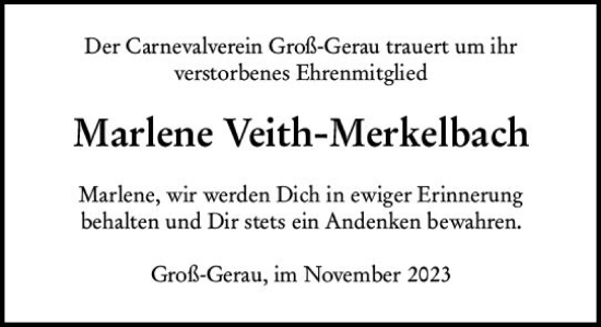 Traueranzeige von Marlene Veith-Merkelbach von Groß-Gerauer Echo