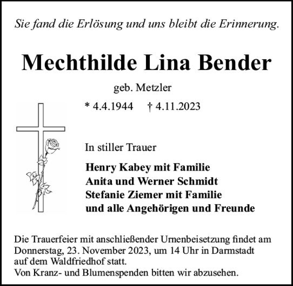  Traueranzeige für Mechthilde Lina Bender vom 18.11.2023 aus Darmstädter Echo