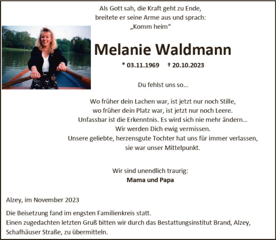 Traueranzeige von Melanie Waldmann von Allgemeine Zeitung Mainz