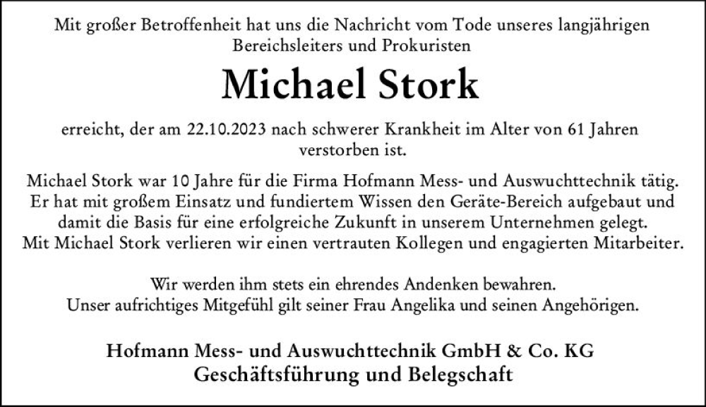  Traueranzeige für Michael Stork vom 04.11.2023 aus Darmstädter Echo