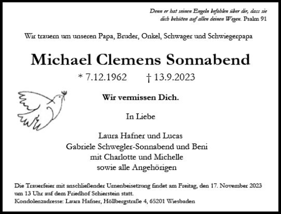 Traueranzeige von Michael Clemens Sonnabend von Wiesbadener Kurier