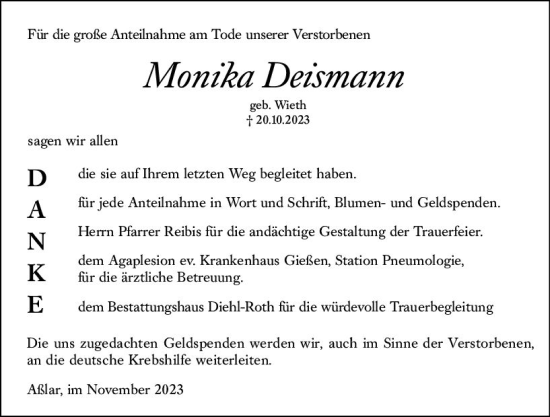 Traueranzeige von Monika Deismann von Wetzlarer Neue Zeitung