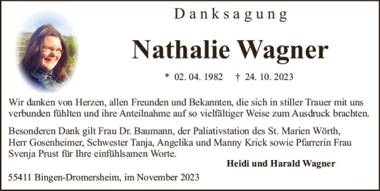 Traueranzeige von Nathalie Wagner von Bingen/Ingelheim WOBL inkl. Neue Binger Ztg.