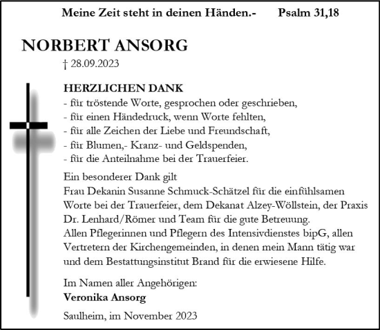 Traueranzeige von Norbert Ansorg von Allgemeine Zeitung Bingen/Ingelheim