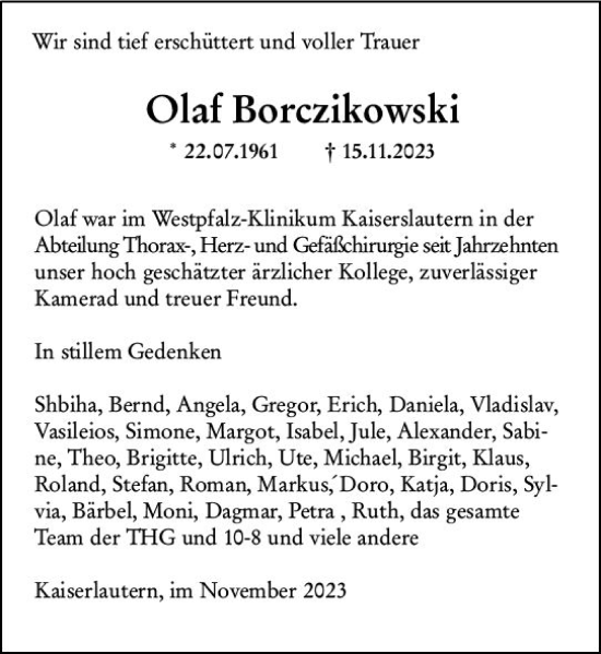 Traueranzeige von Olaf Borczikowski von Wormser Zeitung