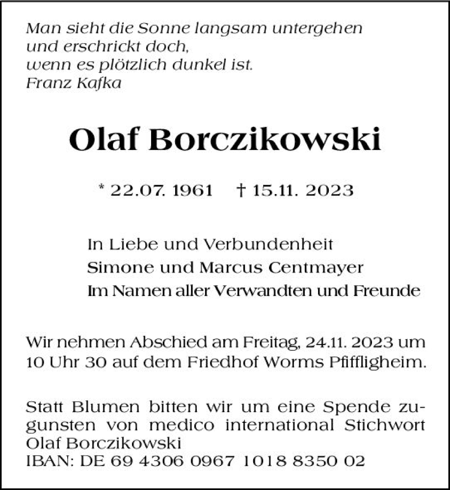  Traueranzeige für Olaf Borczikowski vom 21.11.2023 aus Wormser Zeitung