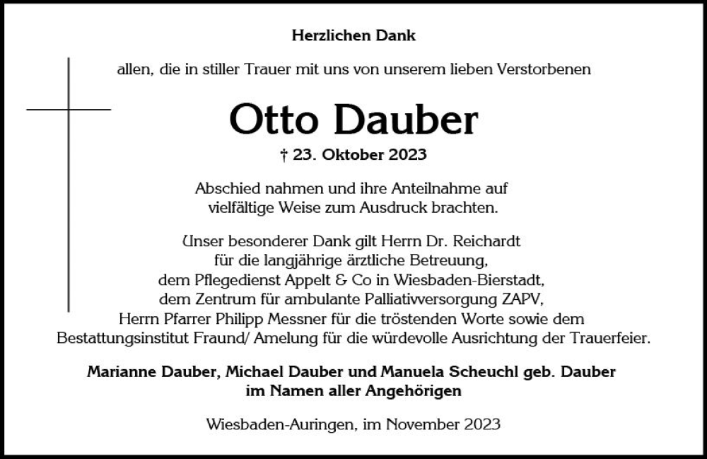  Traueranzeige für Otto Dauber vom 11.11.2023 aus Wiesbadener Kurier