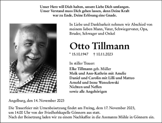 Traueranzeige von Otto Tillmann von Hinterländer Anzeiger