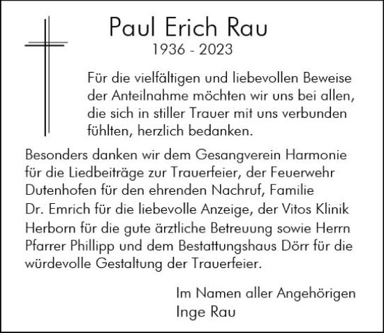 Traueranzeige von Paul Erich Rau von Wetzlarer Neue Zeitung