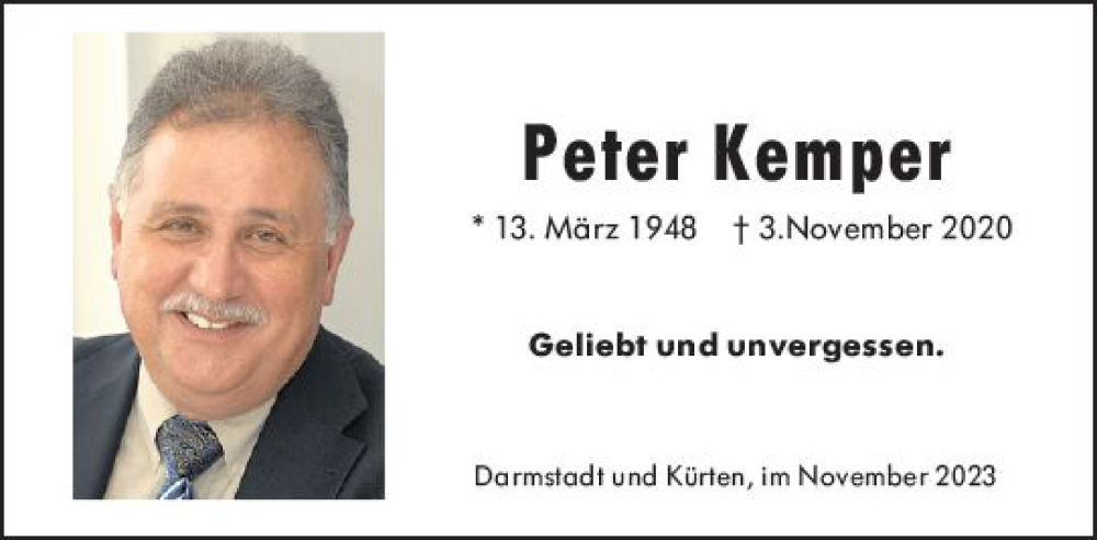  Traueranzeige für Peter Kemper vom 03.11.2023 aus Darmstädter Echo