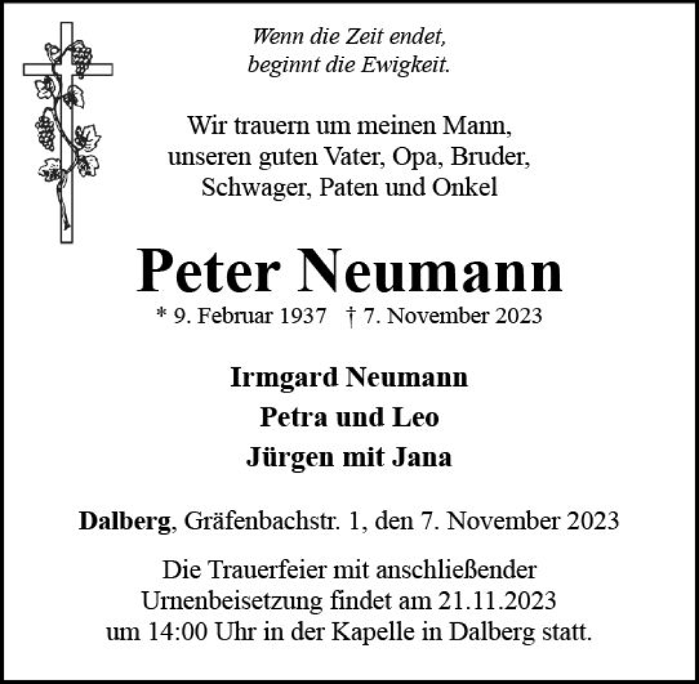  Traueranzeige für Peter Neumann vom 15.11.2023 aus Allgemeine Zeitung Bad Kreuznach