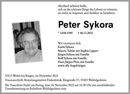 Traueranzeige von Peter Sykora von Allgemeine Zeitung Bingen/Ingelheim