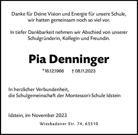 Traueranzeige von Pia Denninger von Wiesbadener Kurier