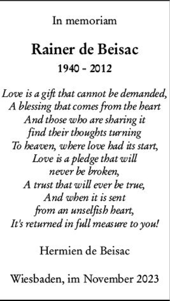 Traueranzeige von Rainer  de Beisac von Wiesbadener Kurier