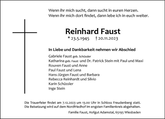 Traueranzeige von Reinhard Faust von Wiesbadener Kurier