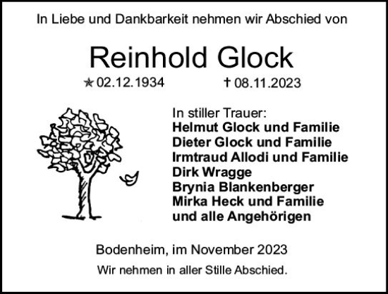 Traueranzeige von Reinhold Glock von Allgemeine Zeitung Mainz