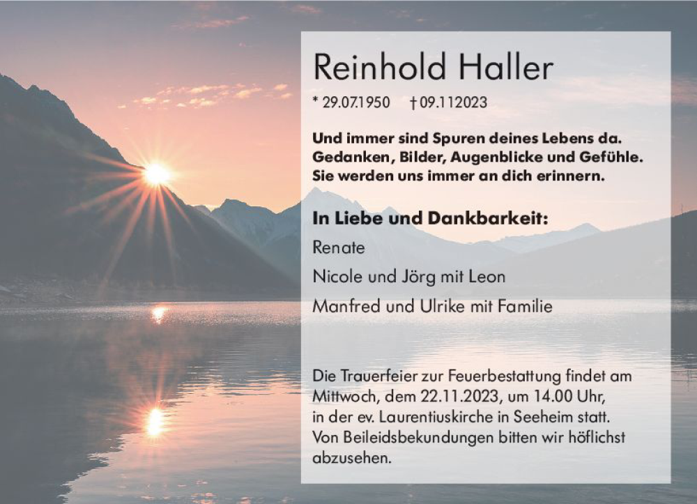  Traueranzeige für Reinhold Haller vom 18.11.2023 aus Darmstädter Echo