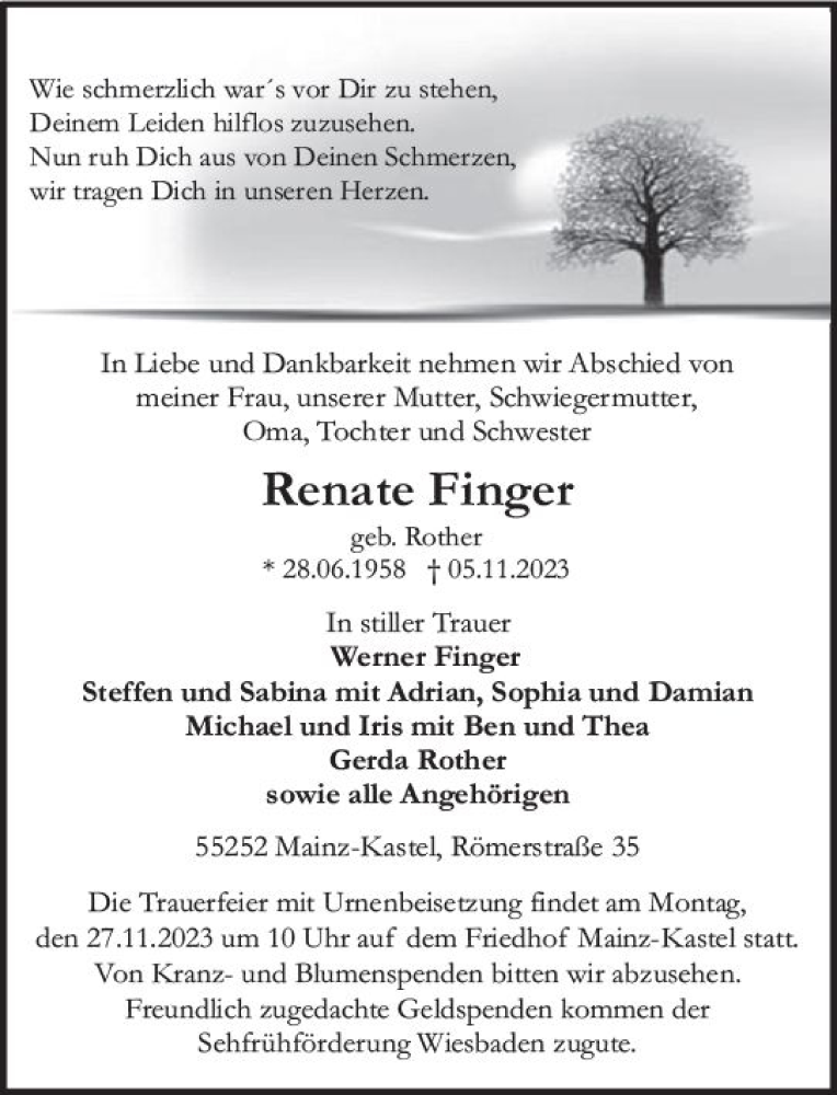  Traueranzeige für Renate Finger vom 18.11.2023 aus Allgemeine Zeitung Mainz