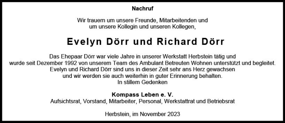  Traueranzeige für Richard Dörr vom 30.11.2023 aus Lauterbacher Anzeiger