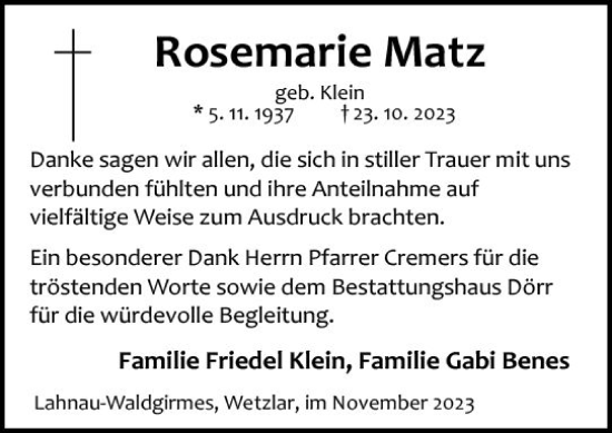 Traueranzeige von Rosemarie Matz von Wetzlarer Neue Zeitung