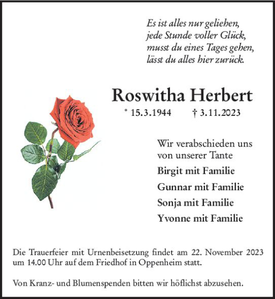 Traueranzeige von Roswitha Herbert von Allgemeine Zeitung Mainz