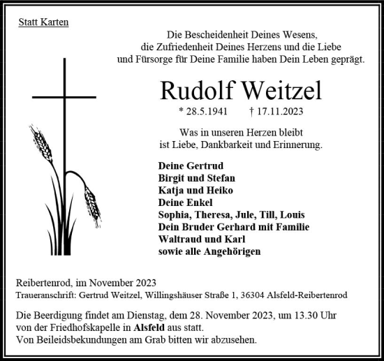 Traueranzeige von Rudolf Weitzel von Oberhessen Kurier