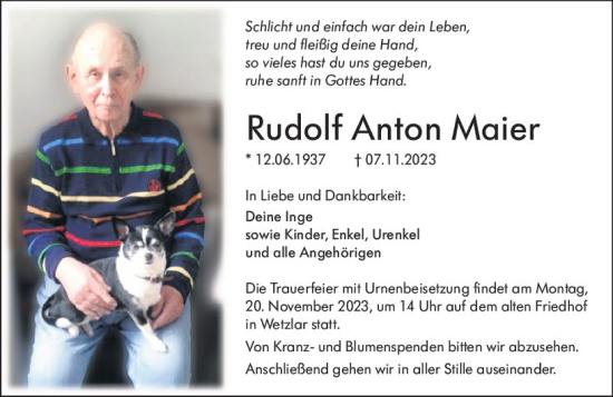 Traueranzeige von Rudolf Anton Maier von Wetzlarer Neue Zeitung