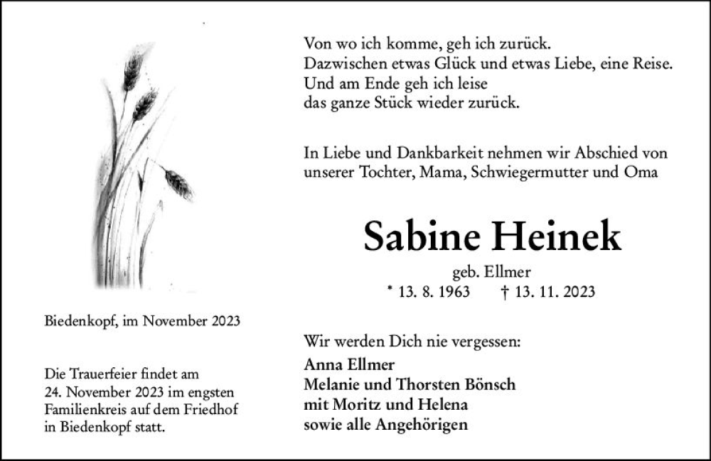  Traueranzeige für Sabine Heinek vom 20.11.2023 aus Hinterländer Anzeiger