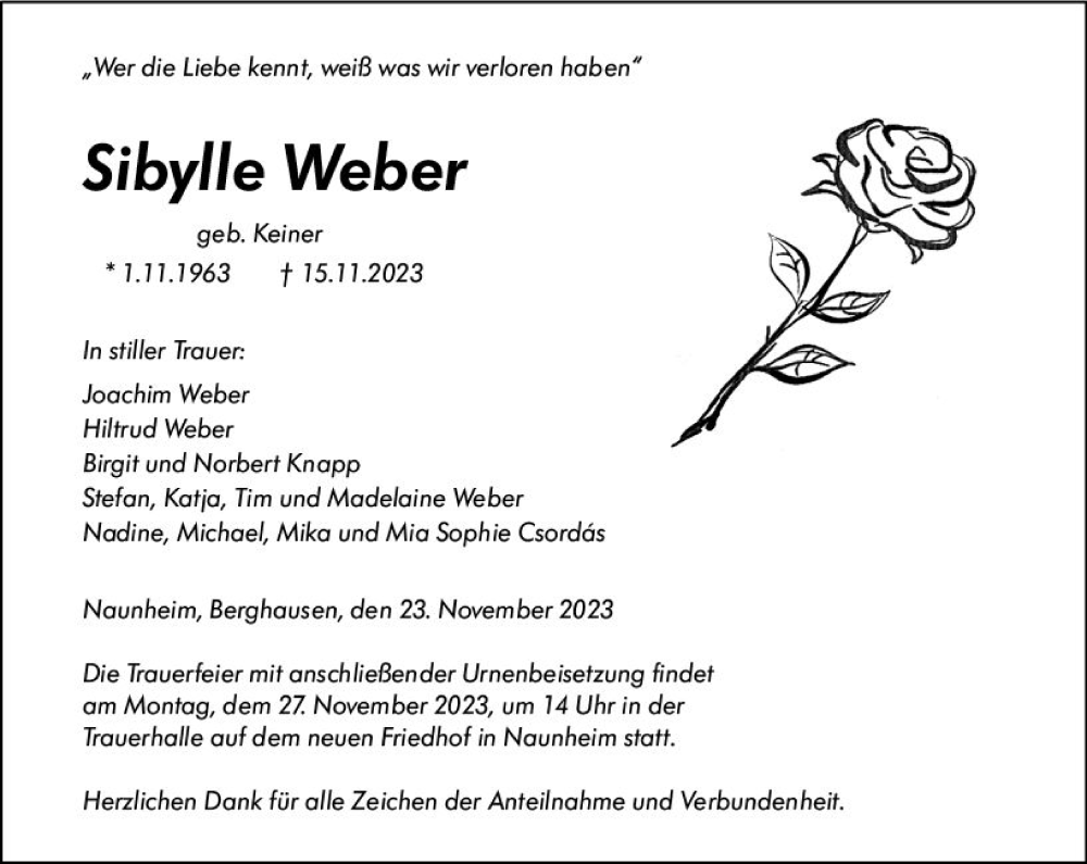  Traueranzeige für Sibylle Weber vom 23.11.2023 aus Wetzlarer Neue Zeitung
