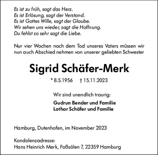 Traueranzeige von Sigrid Schäfer-Merk von Wetzlarer Neue Zeitung