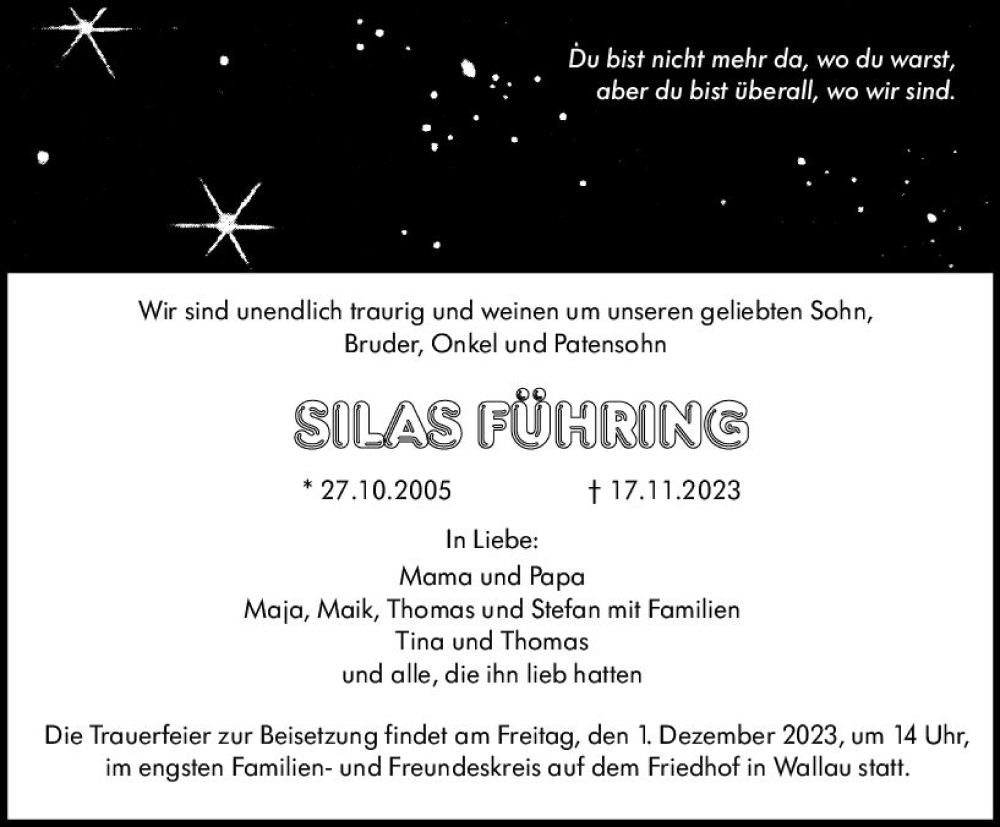  Traueranzeige für Silas Führing vom 30.11.2023 aus Hinterländer Anzeiger