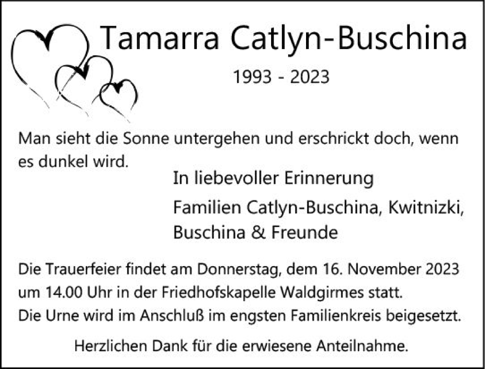  Traueranzeige für Tamarra Catlyn-Buschina vom 11.11.2023 aus Wetzlarer Neue Zeitung