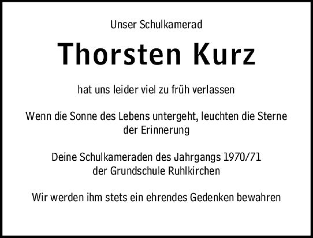  Traueranzeige für Thorsten  Kurz vom 25.11.2023 aus Oberhessische Zeitung