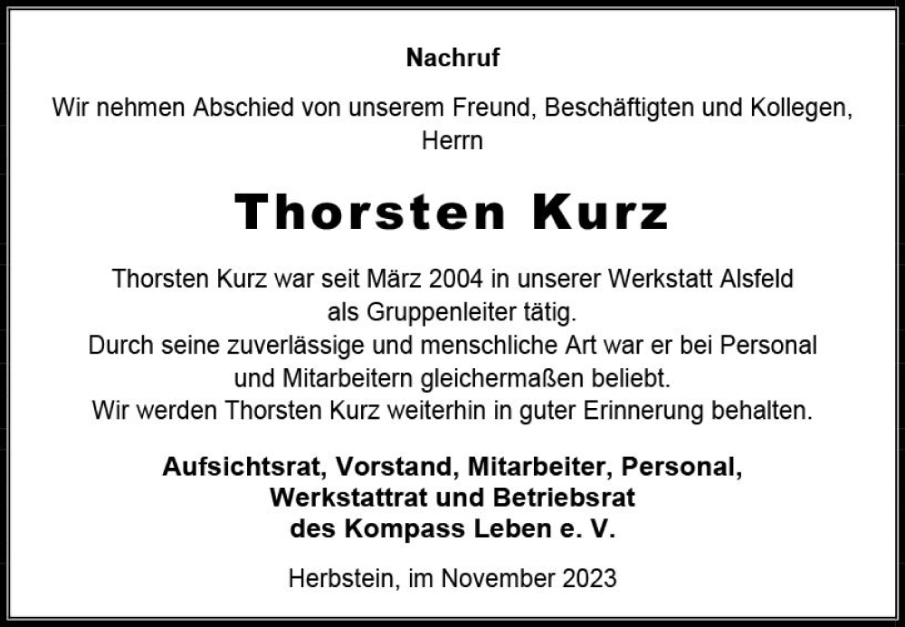  Traueranzeige für Thorsten  Kurz vom 22.11.2023 aus Lauterbacher Anzeiger