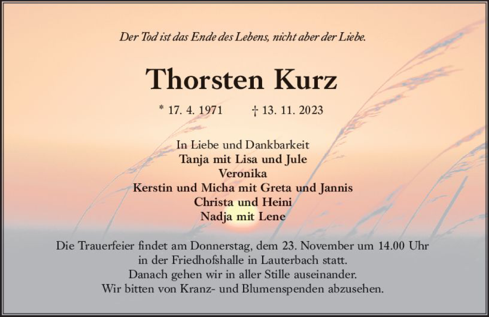  Traueranzeige für Thorsten  Kurz vom 18.11.2023 aus Lauterbacher Anzeiger
