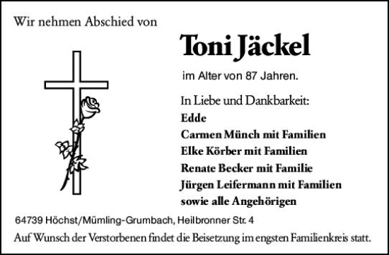 Traueranzeige von Toni Jäckel von Odenwälder Echo