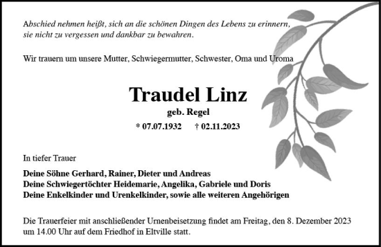 Traueranzeige von Traudel Linz von Rheingau Kurier