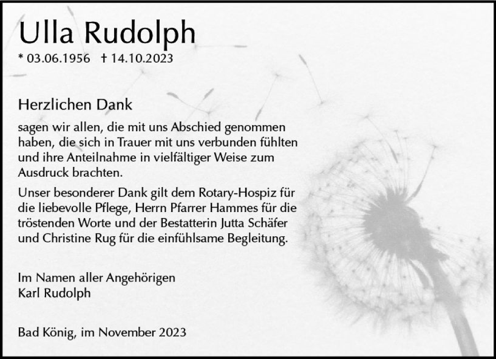  Traueranzeige für Ulla Rudolph vom 18.11.2023 aus Odenwälder Echo