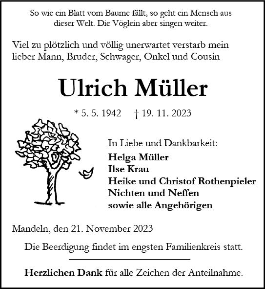  Traueranzeige für Ulrich Müller vom 21.11.2023 aus Dill Block