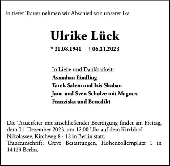 Traueranzeige von Ulrike Lück von Odenwälder Echo