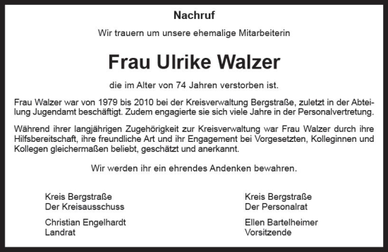 Traueranzeige von Ulrike Walzer von Starkenburger Echo