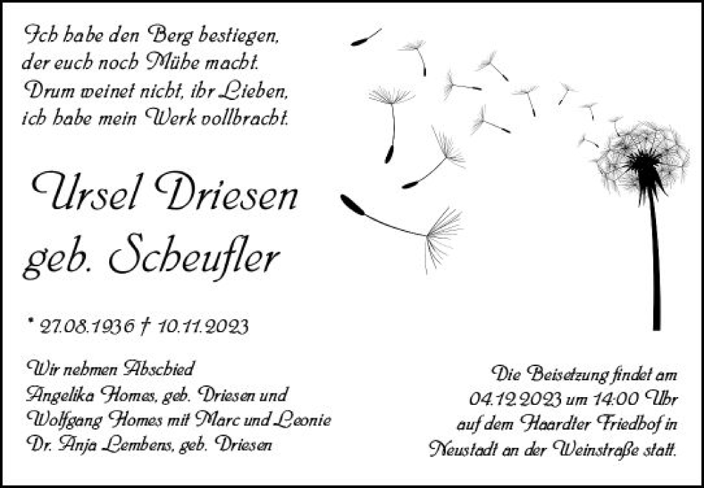  Traueranzeige für Ursel Driesen vom 18.11.2023 aus Wiesbadener Kurier