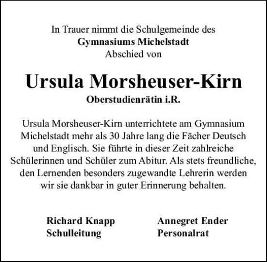 Traueranzeige von Ursula Morsheuser-Kirn von Odenwälder Echo