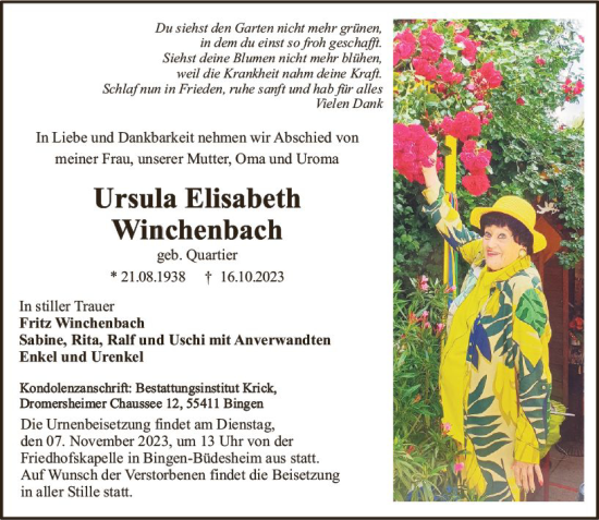 Traueranzeige von Ursula Elisabeth Winchenbach von Allgemeine Zeitung Bingen/Ingelheim