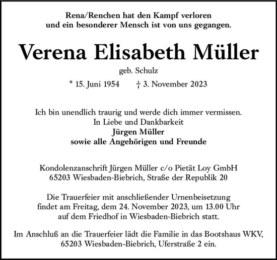 Traueranzeige von Verena Elisabeth Müller von Wiesbadener Kurier