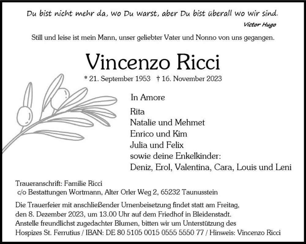  Traueranzeige für Vincenzo Ricci vom 25.11.2023 aus Wiesbadener Kurier