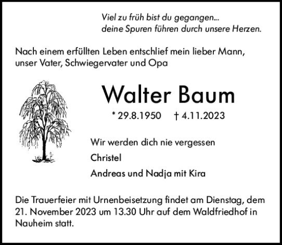 Traueranzeige von Walter Baum von Groß-Gerauer Echo